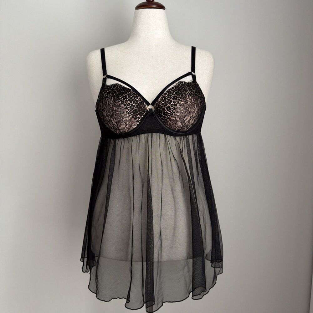 Victoria’s Secret Chemise Lingerie Womens Size 36C Black Lace Babydoll Romantic